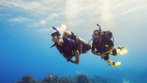 Photo of two PADI scuba divers, underwater.