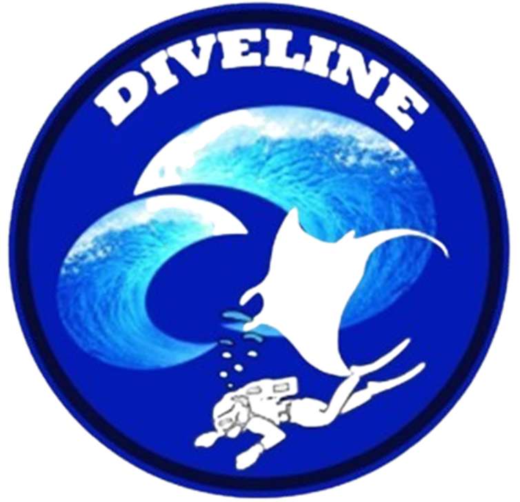 Diveline in white text on a blue background. A diver and a ray in white also included with some light blue to white swirls.