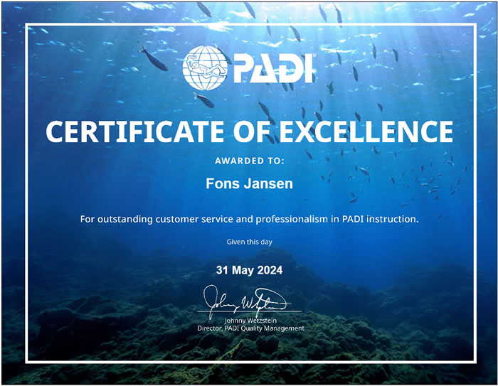 PADI Certificate of Excellence